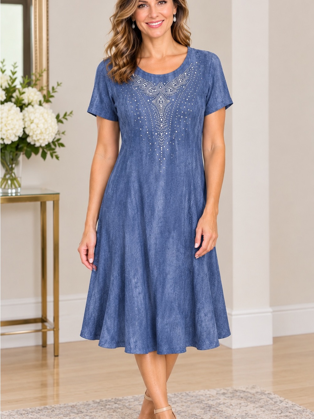 Women's Navy Blue Short Sleeve A-Line Dress with Embellished Front